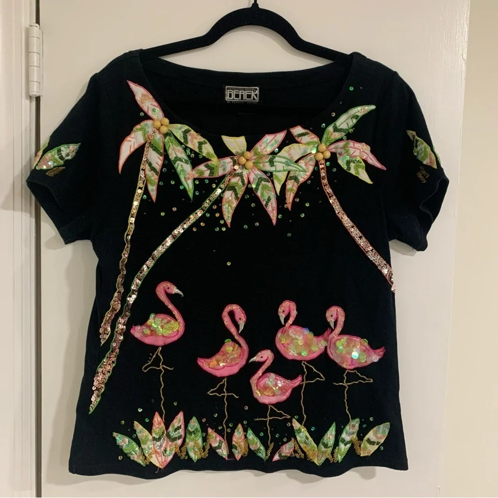 Berek designed by Takako Sakon Vintage Flamingo Beaded Sequins Tropical Top XL - Picture 1 of 11